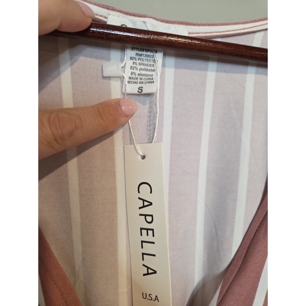 Capella Apparel Romper Womens Small Mauve White Striped V-Neck Tie Waist NWT - Picture 2 of 3
